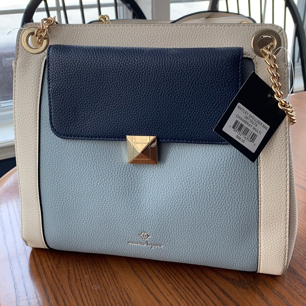 Nanette Lenore Hand Bag, cream color with blue and gold accents